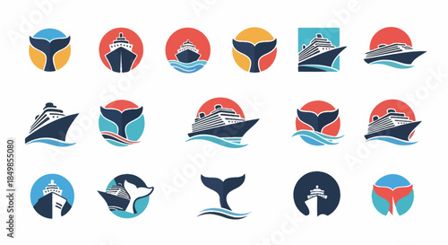 Collection of stylized ship and whale tail emblems for maritime industry branding