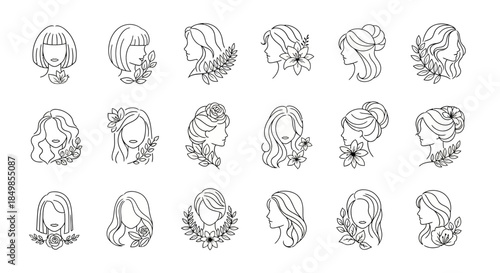 Elegant minimalist line art collection portraying diverse women's beauty with floral accents