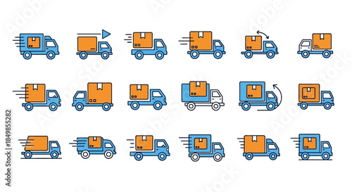 Collection of Delivery Truck Icons in Various Styles Representing Transportation