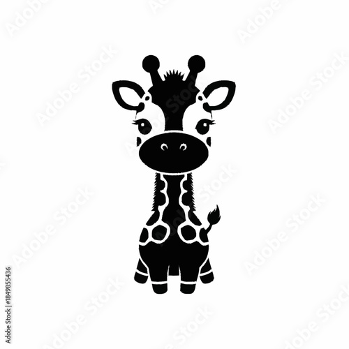 Cute baby giraffe cartoon character in black and white silhouette.
