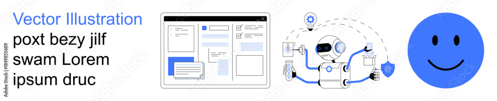 Fototapeta premium Artificial intelligence, chatbot technology, secure communication, online interfaces, web development, user interaction. A robot and digital elements with a smiling face icon. AI and chatbot