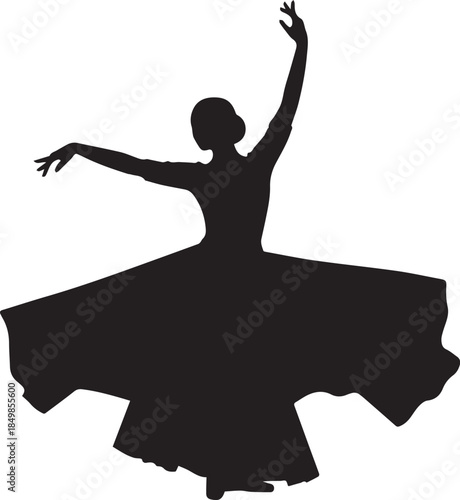 Silhouette of a graceful dancer in a flowing skirt with arms outstretched