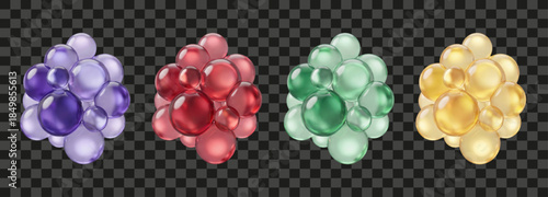 Realistic 3D clusters of colored glass spheres, set of purple, red, green, and gold glossy geometric shapes, abstract molecular structure elements on transparent background