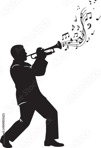 Silhouette of a musician playing a trumpet with musical notes emanating from the bell
