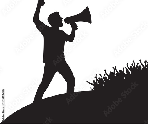 Silhouette of a man with a megaphone speaking to a crowd