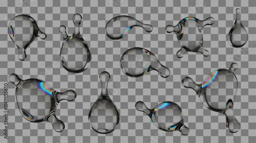 Set of 3D realistic transparent water droplets, liquid glass blobs with refraction and chromatic aberration, glossy abstract organic shapes, isolated on transparent background