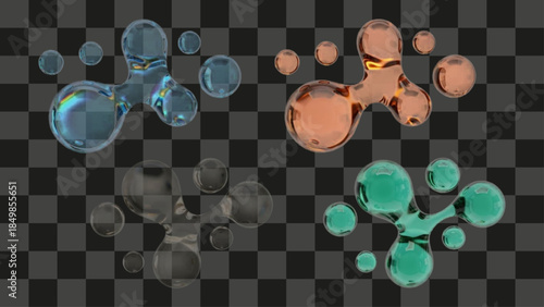 Set of four abstract glass-like molecular blobs, colorful transparent 3D render liquid shapes, futuristic or scientific abstract background design element