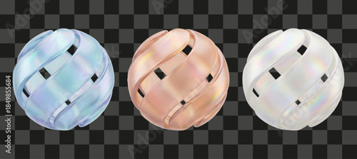 Three iridescent glossy abstract spiral spheres, modern 3D rendered decorative Easter eggs design, colorful blue peach white glass orbs set