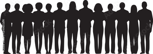 Diverse group of people standing together in silhouette against a white background