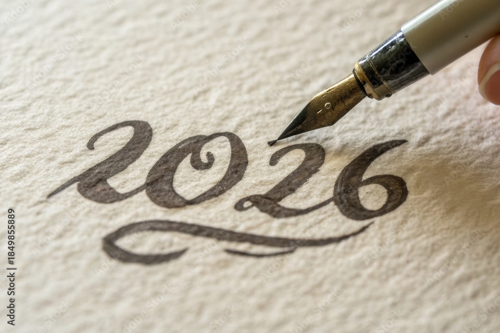 Fototapeta premium Calligraphy pen writing the year 2026 on textured paper