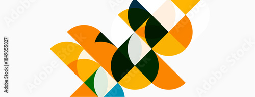 Abstract geometric composition. Overlapping shapes create dynamic visual interest. Warm colors dominate, contrasted by cooler tones. Modern design.