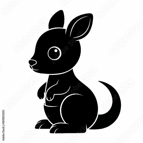Cute baby kangaroo black silhouette with big eyes.