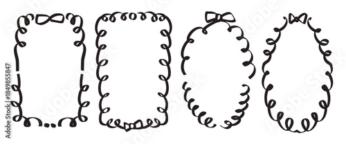 Bachelorette naive handmade whimsical frames. Coquette borders with bows set. Ribbon and lace squiggle menu cadre. Vector wedding frame isolated on white background.