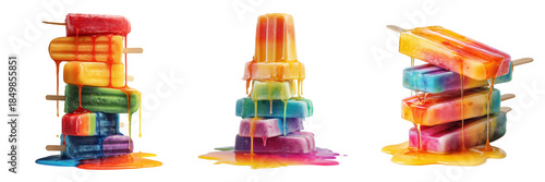 Set of Mouthwatering rainbow popsicle with distinct fruit layers transparent png background. Ai generated