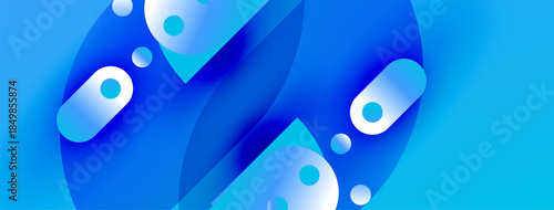 Abstract blue shapes overlap, creating dynamic composition. Smooth gradients suggest depth, light interaction. Modern design element.