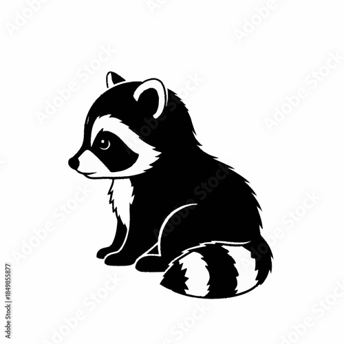Cute baby raccoon sitting, black and white illustration.
