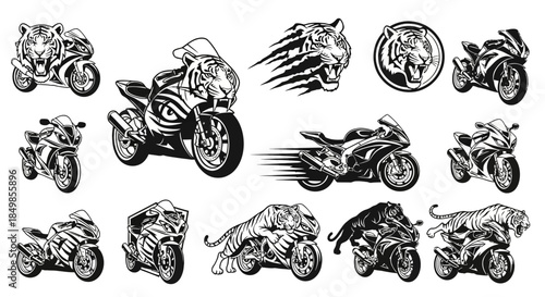 Dynamic black and white motorcycle illustrations combined with tiger designs showcasing speed