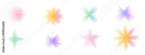 Grain noise iridescent gradient icon shapes. Retro y2k stippling forms set. Pink, yellow flowers, butterfly and sparkles isolated on transparent background. Vector spray butterflies illustration.