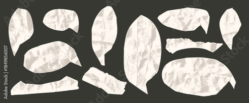Crumpled paper speech bubbles set with wrinkled texture. Comic dialogue balloons, torn craft stickers for chat templates, scrapbook collage, retro message banners isolated on dark bg.