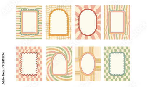 Scallop text boxes frames set. Wavy groovy ellipse, arch, rectangle borders on checkered and uneven rainbow lines background. Y2k retro decorative callouts on starburst vector blank.