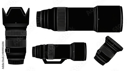 Black Camera Lens Silhouette Vector Set Showing Wide Mid Long Tilted Variants