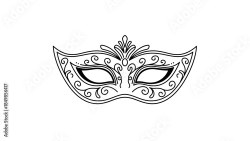 A detailed black and white line art illustration of an ornate masquerade mask with intricate scrollwork and decorative patterns, perfect for carnival or costume events.