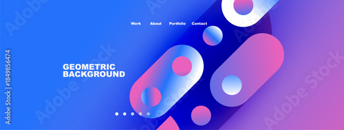 Abstract website header design. Geometric shapes, blue hues dominate. Navigation links present, clean modern aesthetic.