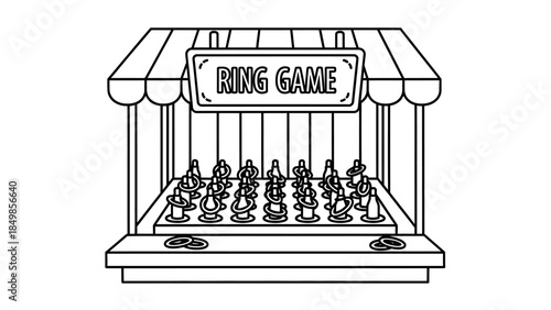 Black and white line art of a classic carnival ring toss game booth with a striped awning and multiple pegs.