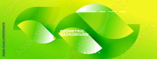 Bright green abstract design. Overlapping shapes create dynamic visual effect. Text reads Geometric Background. Navigation menu present.