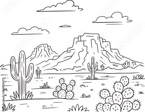 Black and white of desert landscape with cacti and mountains
