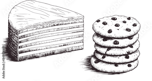 Black and white of layered cake and chocolate chip cookies