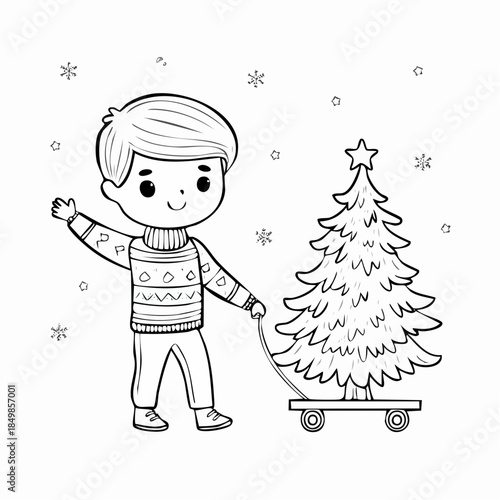 A Child and Christmas Tree: A cheerful child, radiating joy, pulling a Christmas tree, ready to bring festive cheer and winter celebration