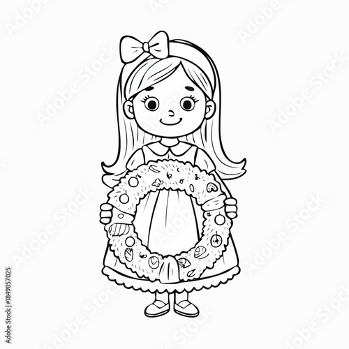 Christmas Cheer: A young girl, radiating festive joy, stands gracefully holding a beautifully adorned wreath. A celebration of holiday spirit, happiness and child's happiness.