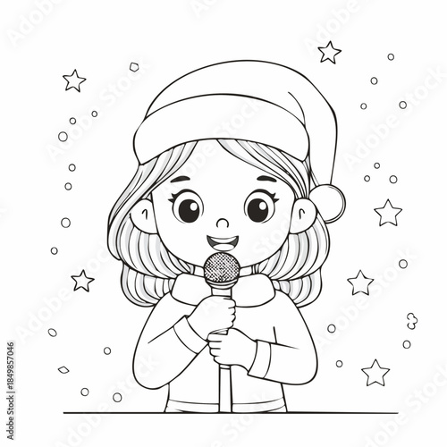 Young Singer with Microphone: A charming cartoon girl, adorned in winter attire, enthusiastically sings into a microphone, surrounded by whimsical stars.