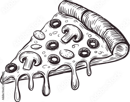 Hand drawn black and white dripping pizza slice cheese