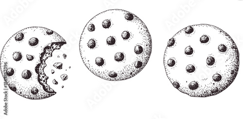 Hand drawn black and white chocolate chip cookies with bite