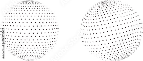 Two black and white geometric sphere grids in different perspectives