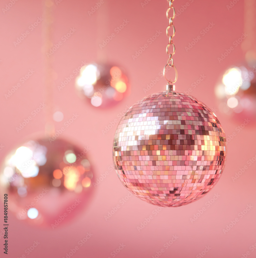 Obraz premium A dreamy pastel disco scene a disco ball hanging from the ceiling, bathed in soft pink and blush lighting. Shallow depth of field with one disco ball in sharp focus, and a solid pink background