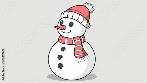 cheerful cartoon snowman wearing red and white striped hat and scarf with carrot nose and button smile