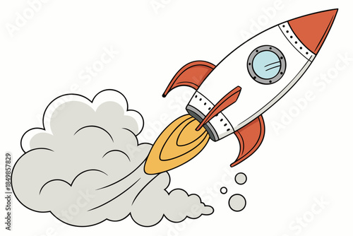 cartoon rocket ship launching upward with fire flames and smoke clouds in retro illustrated style