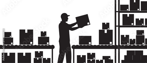 Warehouse Worker Silhouette Handling Boxes on Conveyor Belt