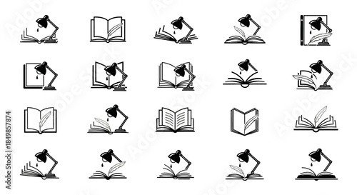 Collection of reading and writing icons, symbolizing knowledge and education through books and
