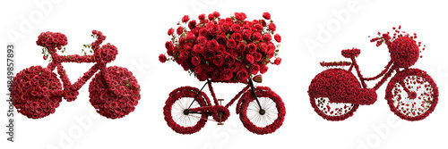 Set of Vintage polka dot bicycle leaning against a small red rose tree transparent png background. Ai generated