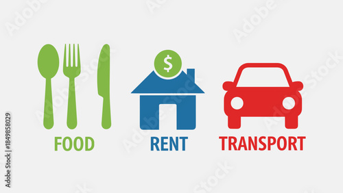 Budget categories illustration featuring food, rent, and transport in a vibrant design