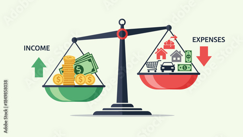 Financial balance illustration depicting income and expenses in a scale concept