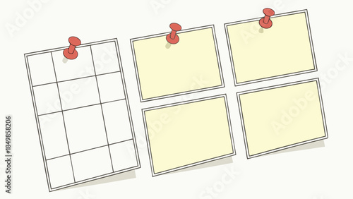 blank yellow sticky notes pinned with red thumbtacks on white grid board for organizing tasks and reminders