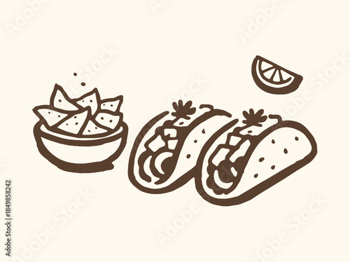 Tacos Nachos Lime Minimal Line Sketch Vector Illustration