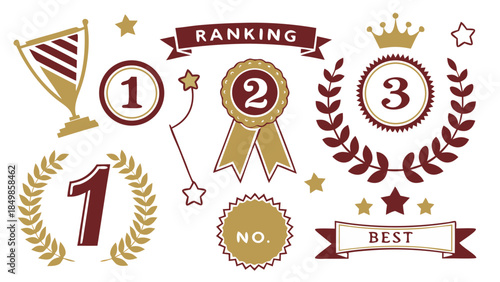 ranking badges awards medals laurel wreaths with gold bronze silver numbers one two three for competition achievement
