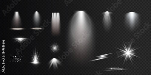 Set of various white light effects including spotlights, lens flares, and starbursts, designed for transparent backgrounds or overlay use