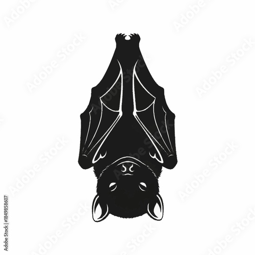 Stylized Black Bat Hanging Upside Down with White Outline.